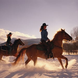 Two young women horseback riding, winter, side view