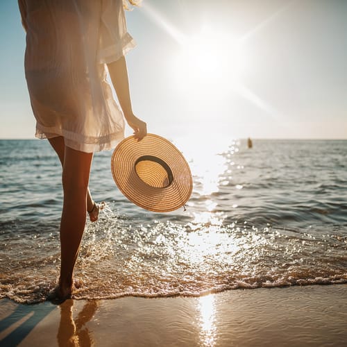 Close-up of young woman in white sun dress and with hat in hand walking alone on sandy beach at summer sunset, splashing water in sea shallow
